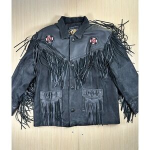 Force Genuine Leather Western Jacket Mens 2XL Black Motorcycle Fringe Beaded